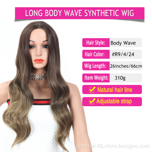Long Peruvian Body Wave Wigs Ombre Black Brown Blonde Synthetic Wig Cosplay Middle Part Natural Heat Resistant Wig for Women